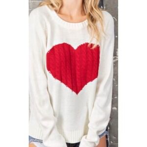 Cream Knit Sweater Red Cable Knit Heart Long Sleeve Crewneck Size S